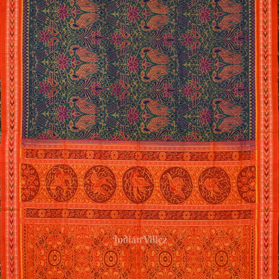 Green Lotus & Peacock Theme Sambalpuri Cotton Saree