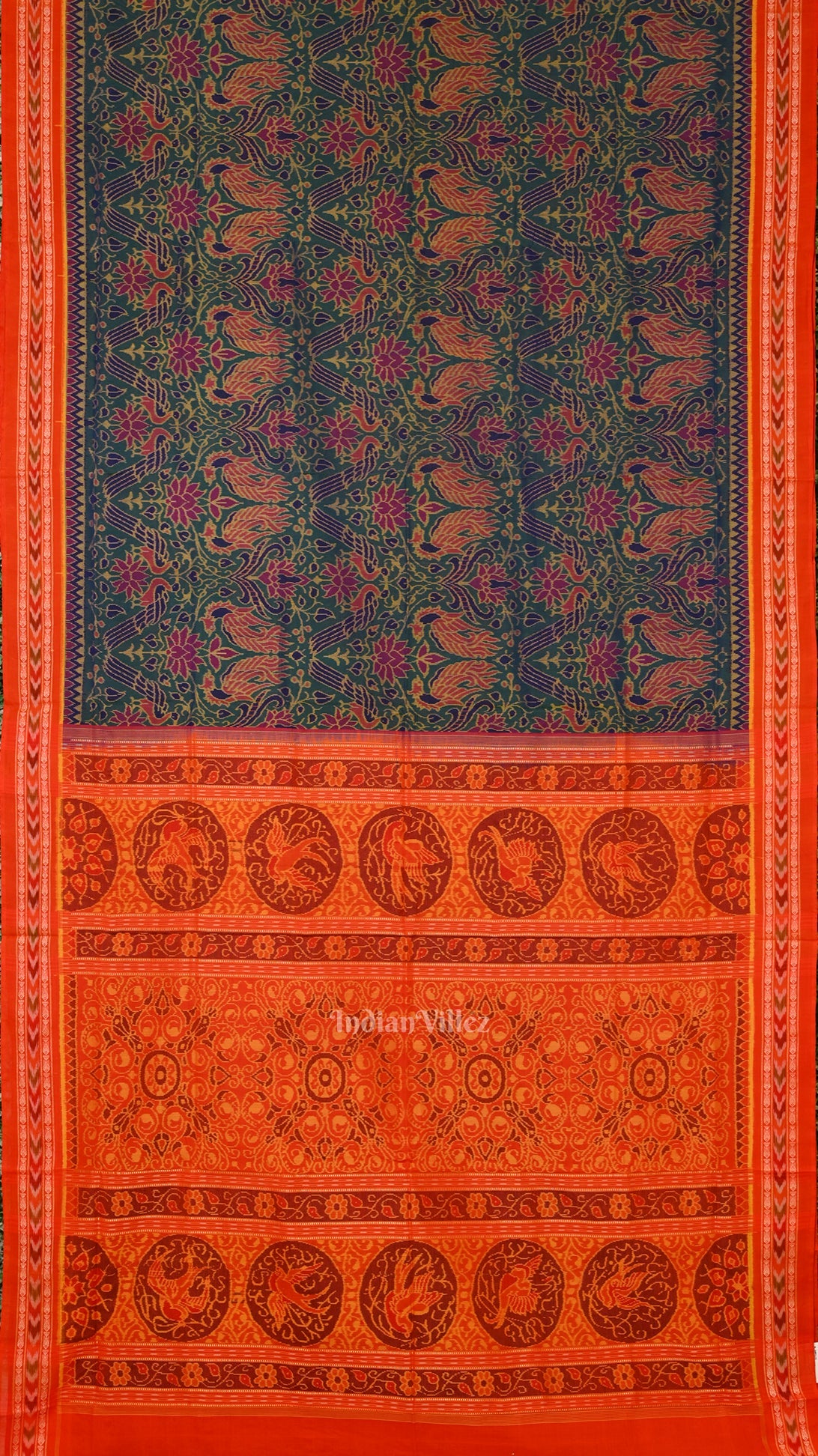 Green Lotus & Peacock Theme Sambalpuri Cotton Saree