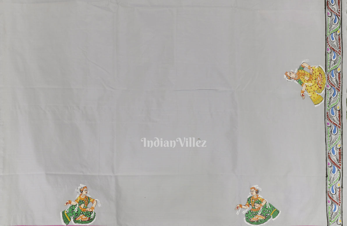 Pink Grey Boita Rasaleela Theme Hand-Painted Pattachitra Saree