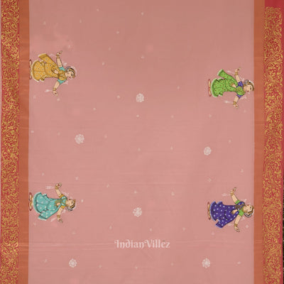 Baby Pink Krishna Raasleela Theme Hand-Painted Pattachitra Saree