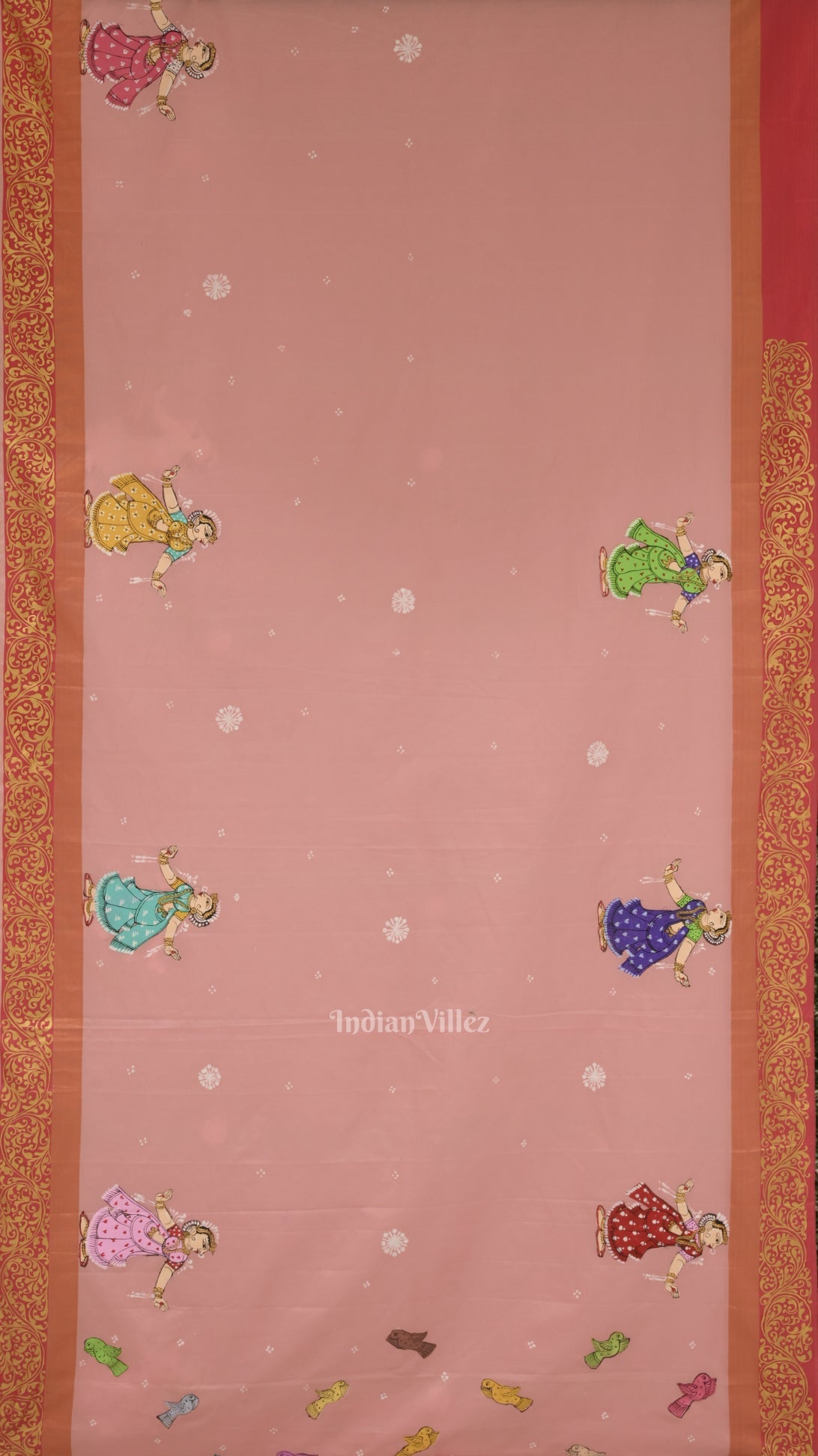 Baby Pink Krishna Raasleela Theme Hand-Painted Pattachitra Saree