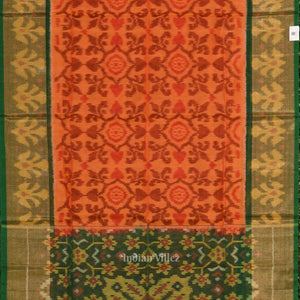 Orange Green Pochampally Ikat Sico (Silk & Cotton) Saree with Zari Border
