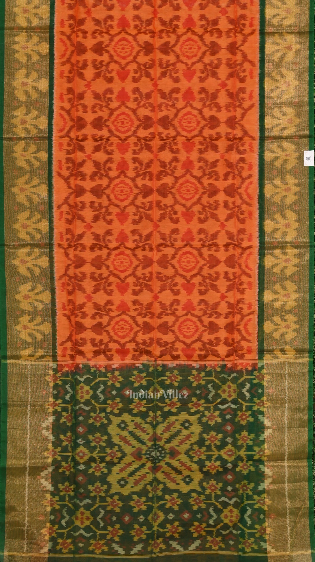 Orange Green Pochampally Ikat Sico (Silk & Cotton) Saree with Zari Border