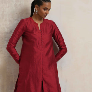 trueBrowns Red Silk Kurta Co-ord Set