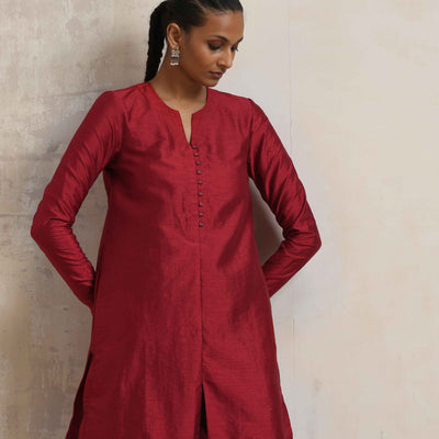 trueBrowns Red Silk Kurta Co-ord Set