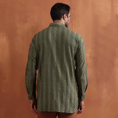 trueBrowns Men's Olive Green Cotton Dobby Short Kurta
