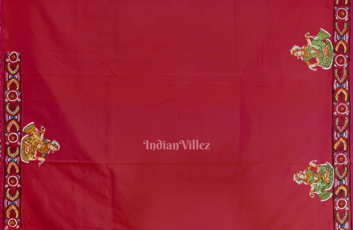 Purple Red Rasaleela Theme Hand-Painted Pattachitra Saree