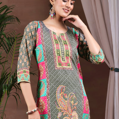 Grey Printed Poly Crepe Straight Suit With Dupatta