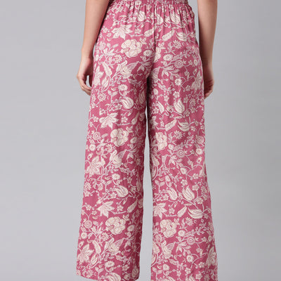 Women Medium Pink Viscose Mid Rise Printed Palazzo