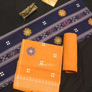 Navy Blue Yellow Flower Buti Odisha Ikat Sambalpuri Dress Material & Dupatta