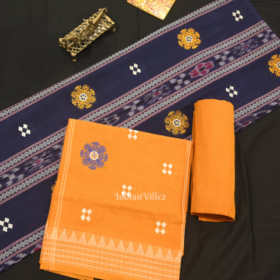 Navy Blue Yellow Flower Buti Odisha Ikat Sambalpuri Dress Material & Dupatta