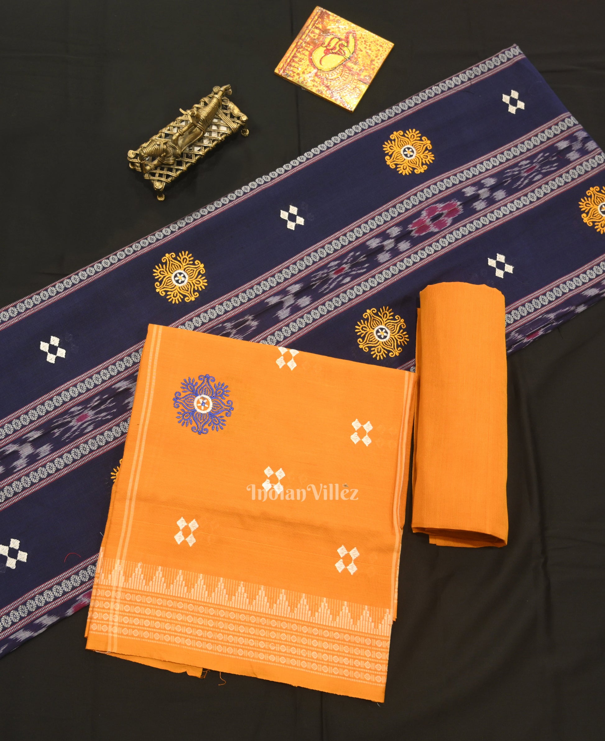 Navy Blue Yellow Flower Buti Odisha Ikat Sambalpuri Dress Material & Dupatta