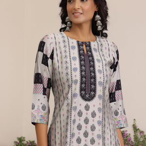 Grey Printed Silk Blend Straight Suit With Dupatta