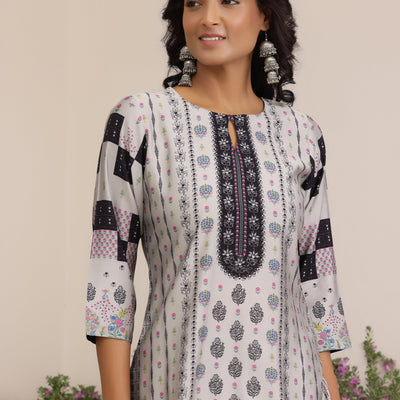 Grey Printed Silk Blend Straight Suit With Dupatta