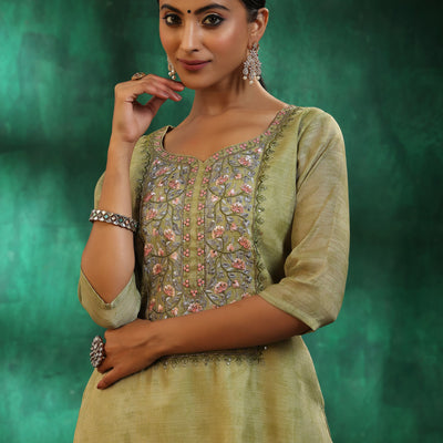 Green Yoke Design Silk Blend Straight Suit With Dupatta