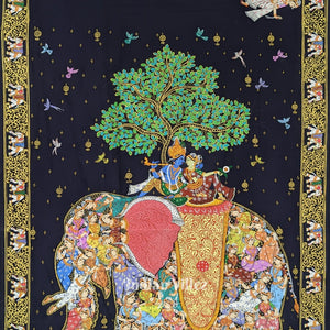 Deep Blue Kandarpa Hati (Elephant) Hand-Painted Pattachitra Saree