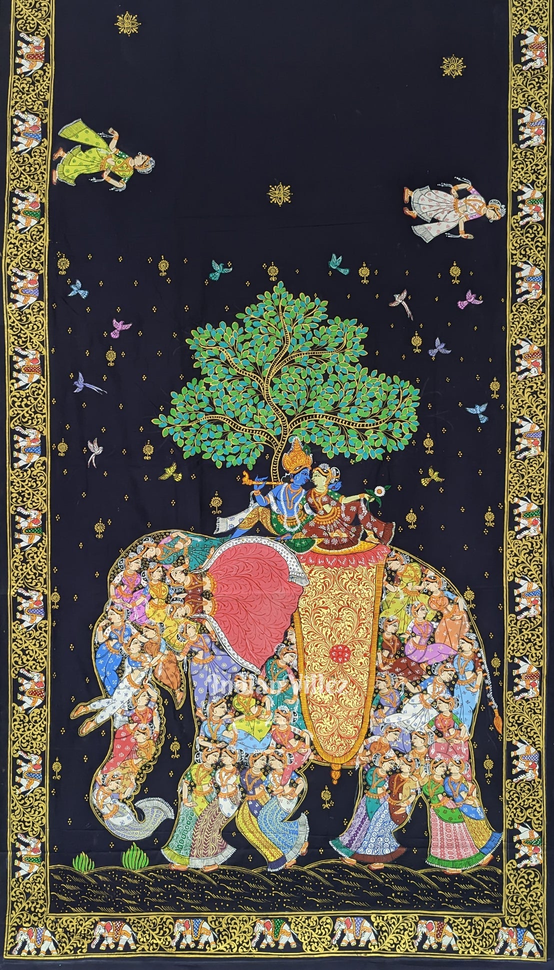 Deep Blue Kandarpa Hati (Elephant) Hand-Painted Pattachitra Saree