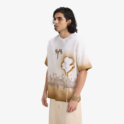 F A R A K | BURNING FLOWER HANDMADE T-SHIRT { WHITE/WHITE