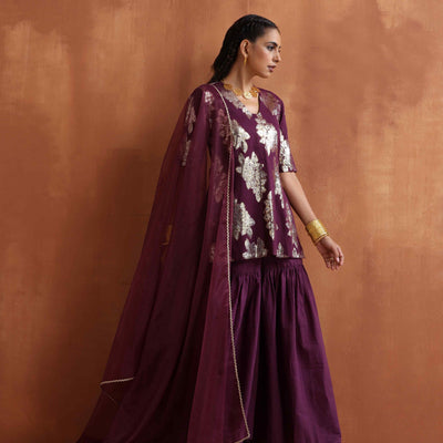 trueBrowns Purple Metallic Sharara Dupatta Set