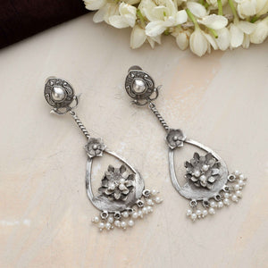 trueBrowns Silver  Tone Floral Chandbaali Earrings