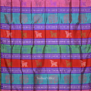 Maroon with Multicolor Double Pallu Phoda Kumbha Fish Motif Berhampuri Silk Saree