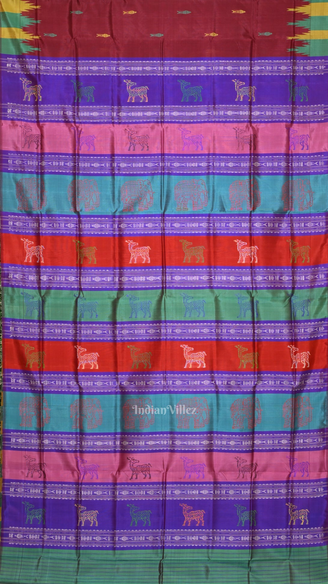 Maroon with Multicolor Double Pallu Phoda Kumbha Fish Motif Berhampuri Silk Saree