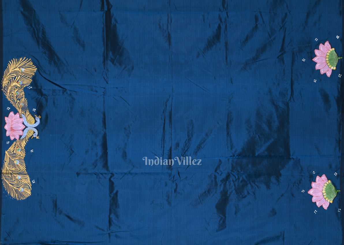 Blue Krishna Boita Theme Hand-Painted Pattachitra Saree