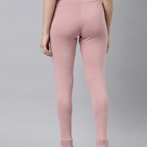 Women Solid Baby Pink Ribbed Warm Leggings