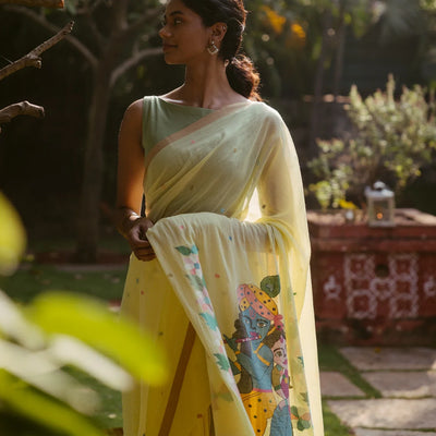 Yellow Handloom Bengal Cotton Saree With Radha Krishna In a Floral Swing Pallu design