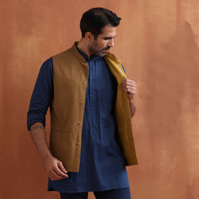 trueBrowns Men's Mustard Cotton Dobby Reversible Nehru Jacket