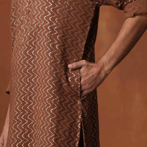 trueBrowns Men's Brown Cotton Dobby Short Kurta