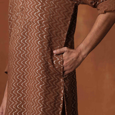 trueBrowns Men's Brown Cotton Dobby Short Kurta