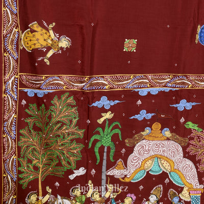 Red Mathura Vijay Theme Hand-Painted Pattachitra Saree