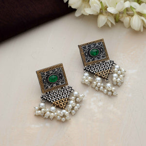 trueBrowns Silver Gold Tone Floral Silver Jaal Dangle Earrings