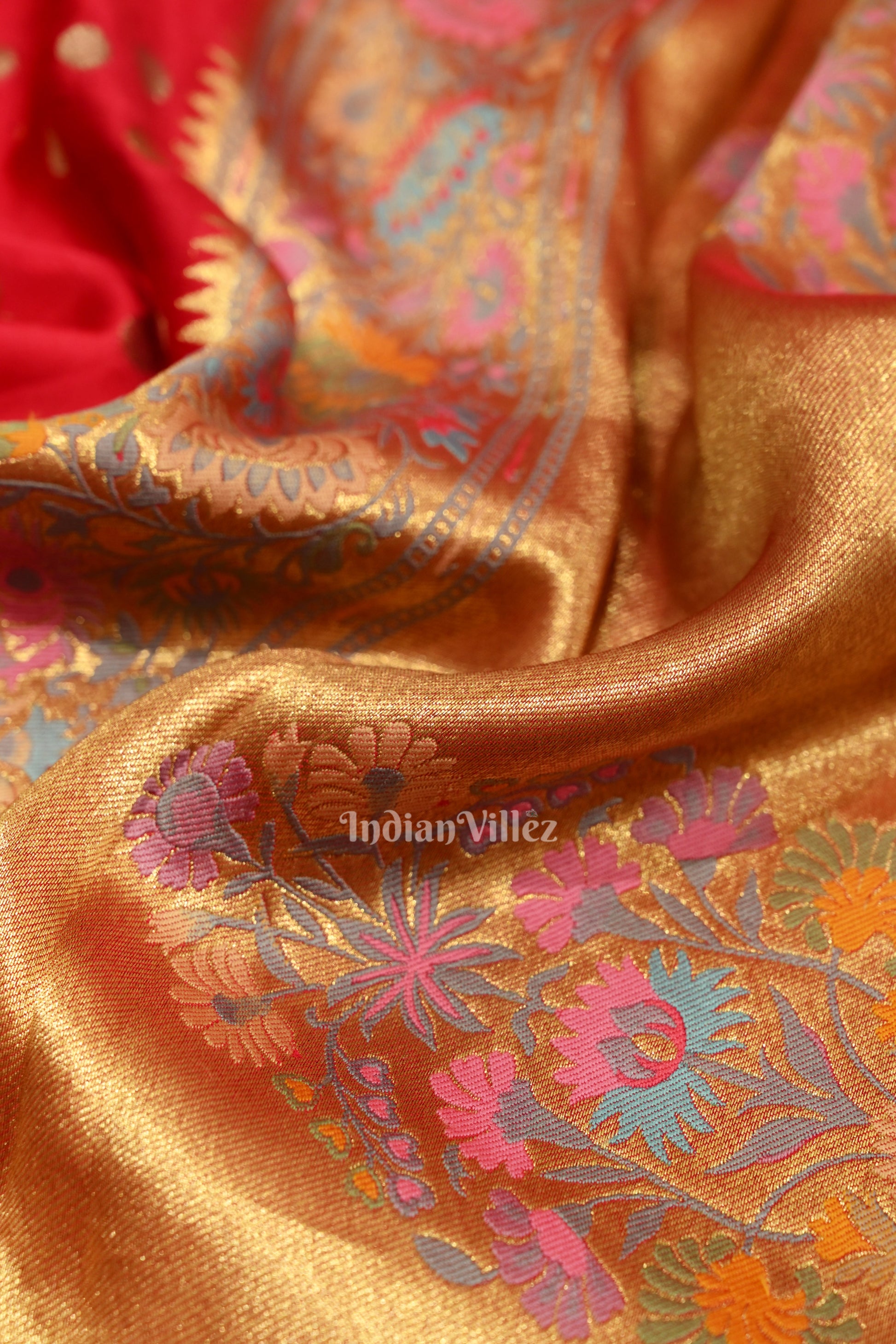 Red Banarasi Silk Saree With Paithani Border and Pallu