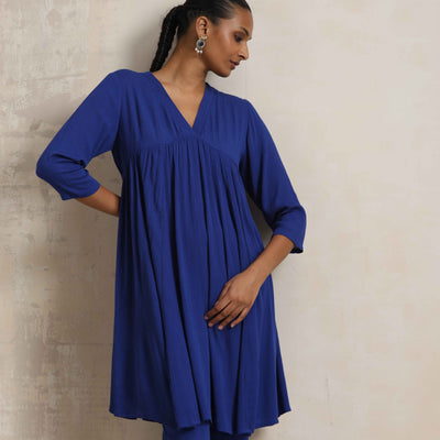 trueBrowns Blue Crinkle Flared Kurta Co-ord Set