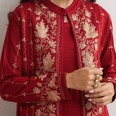 trueBrowns Red Kashmiri Woollen Jacket 3pc Set