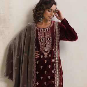 trueBrowns Maroon Velvet Embroidered Kurta Pant Dupatta Set