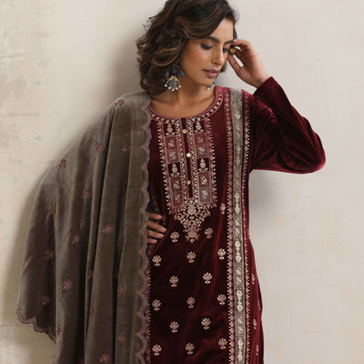 trueBrowns Maroon Velvet Embroidered Kurta Pant Dupatta Set