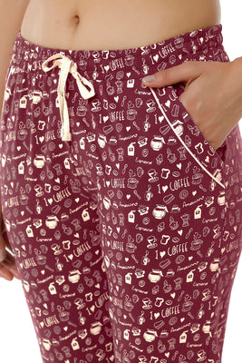 Full Length PJ Bottom - Burgundy Coffee Print