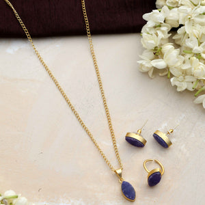 trueBrowns Gold Tone Blue Stone Pendant Set