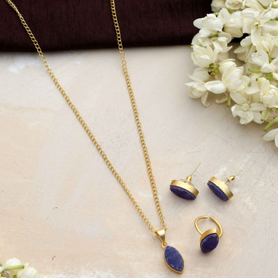 trueBrowns Gold Tone Blue Stone Pendant Set