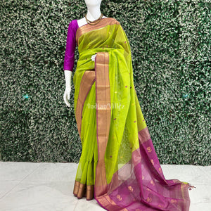 Parrot Green Butta Design Maheshwari Handloom Cotton*Silk Saree