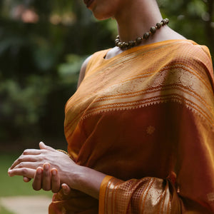 Honey Amber Handloom Silk Cotton With Kalamam Buttas and Checked border