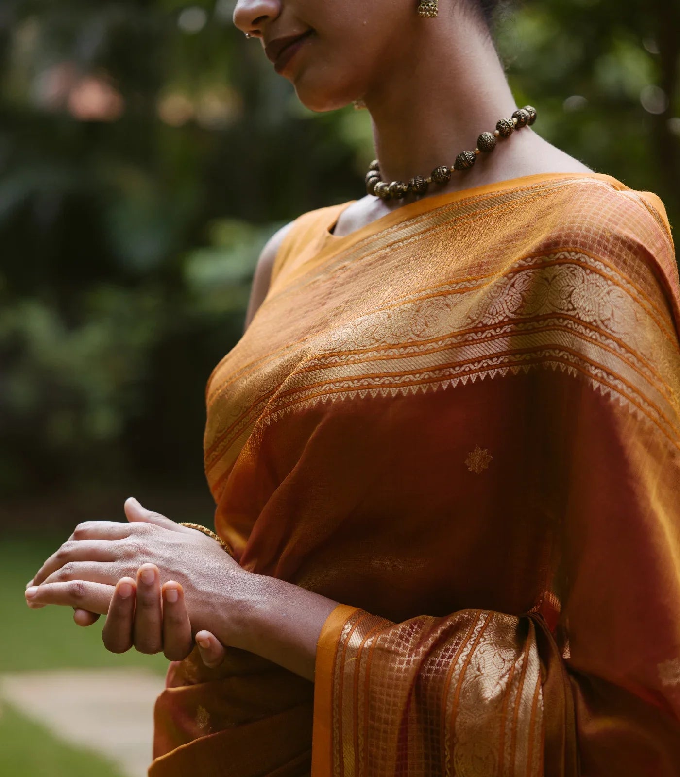 Honey Amber Handloom Silk Cotton With Kalamam Buttas and Checked border