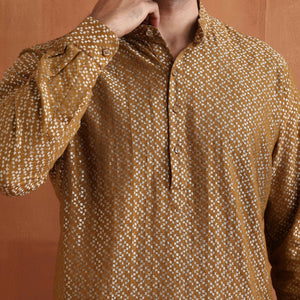 trueBrowns Men's Mustard Cotton Dobby Short Kurta