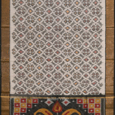 Off White Black Pochampally Ikat Sico (Silk & Cotton) Saree with Zari Border