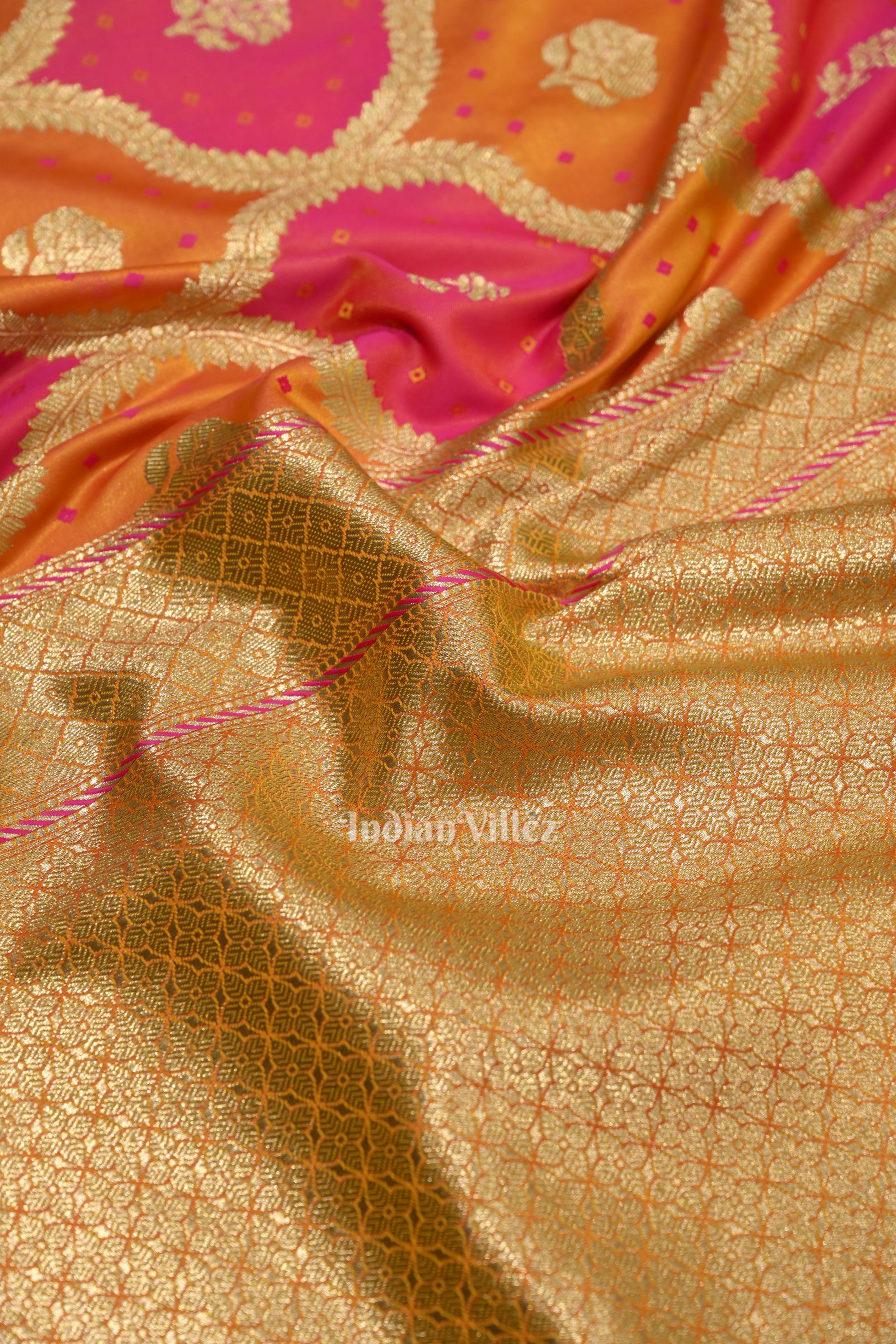 Yellow Rani Pink Rangkat Mashru Satin Silk Banarasi Saree