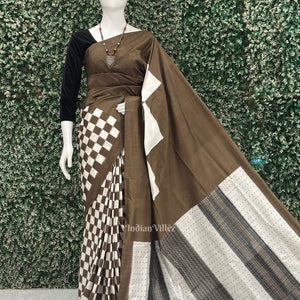 Olive Green Black Pasapali Sambalpuri Ikat Silk Saree