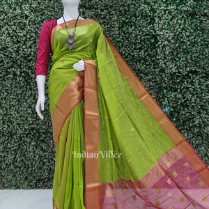 Parrot Green with Pink Pure Silk Cotton Maheshwari Saree